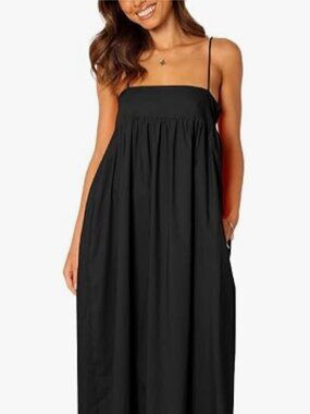 Summer Backless Tied Spaghetti Straps Casual Loose Cutout Maxi Dress w/Pockets-S